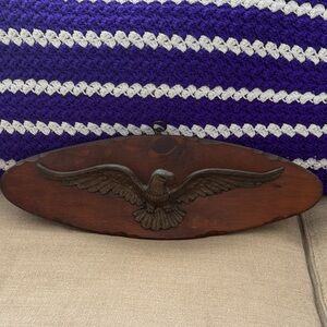 Vintage Wooden Wall Plaque with Cast Metal Eagle Design